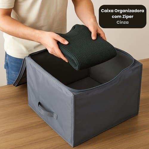 Caixa Organizadora Com Ziper Grande Espaço Guarda Roupas Arrumação Cinza