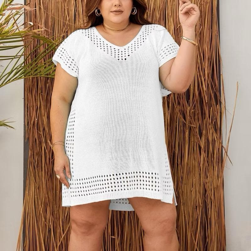 Saída De Praia Moda Praia Tricot | Saída De Banho Tricô Grande com Fenda Lateral Plus Size