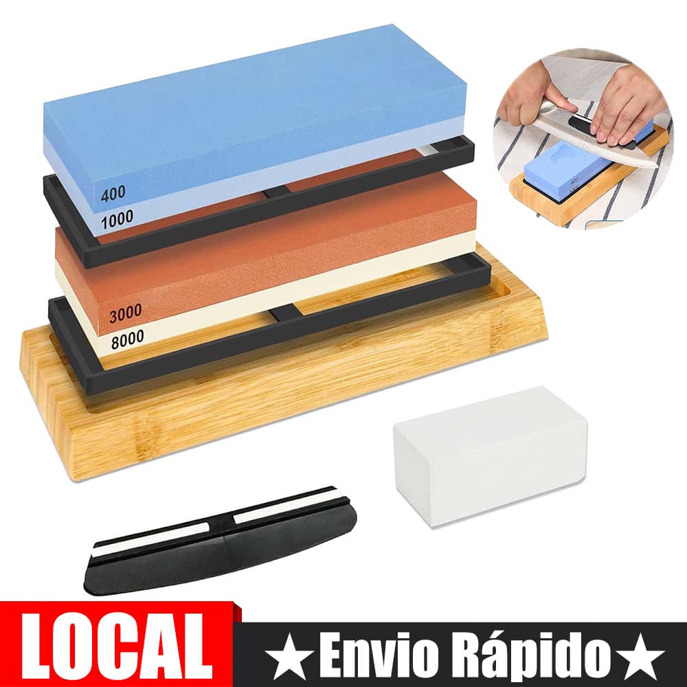 Kit de pedra de afiar faca 4 grãos 400/1000 e 3000/8000 Material de corindo branco Base de bambu + localizador + pedra d