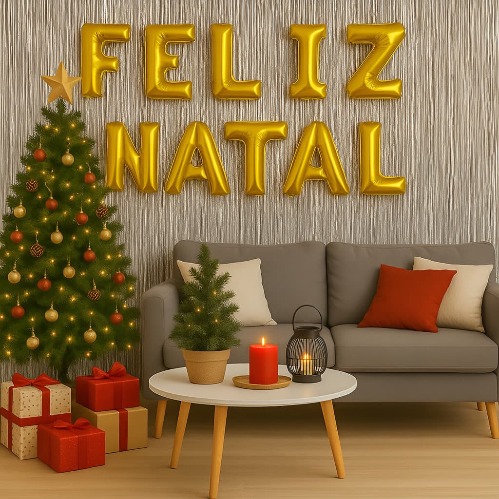 Kit Feliz Natal Decoração Cortina Balões Metalizados Premium Dourado/prata