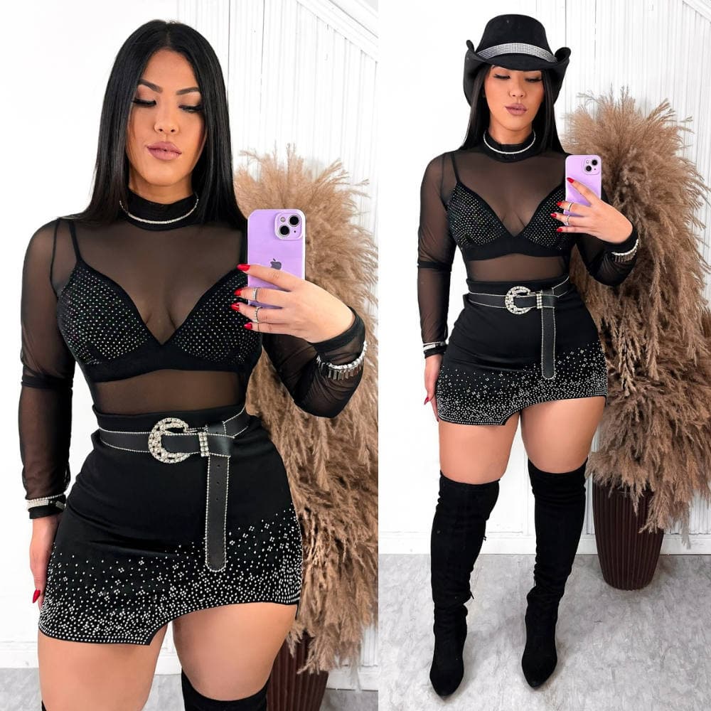 Look Completo - (Body de Tule, Cropped Strass e Saia Strass)