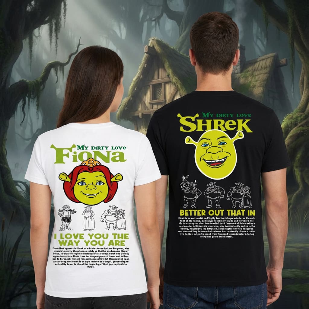 Conjunto de Camiseta Sherek e Fiona Casal Namorados Regular Plus Size Presente Camisa Shirt