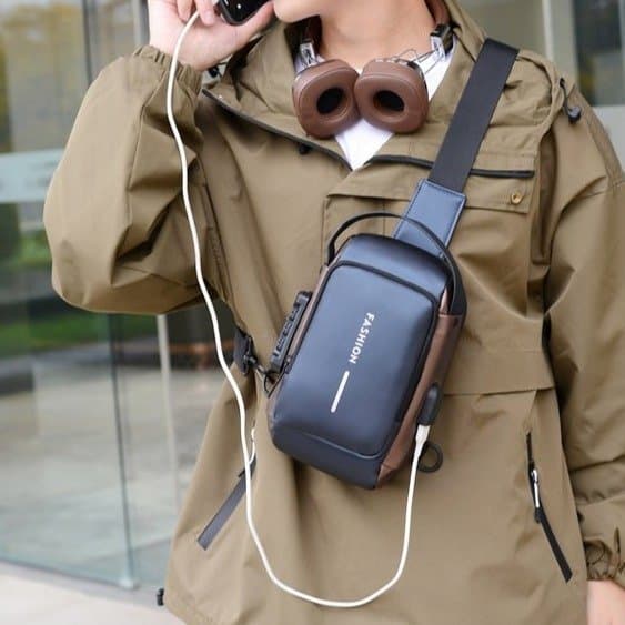 Bolsa De Peito Multifuncional Masculina Com Trava De Combinação Antirroubo Equipada USB Crossbody À Prova D'água De Gran