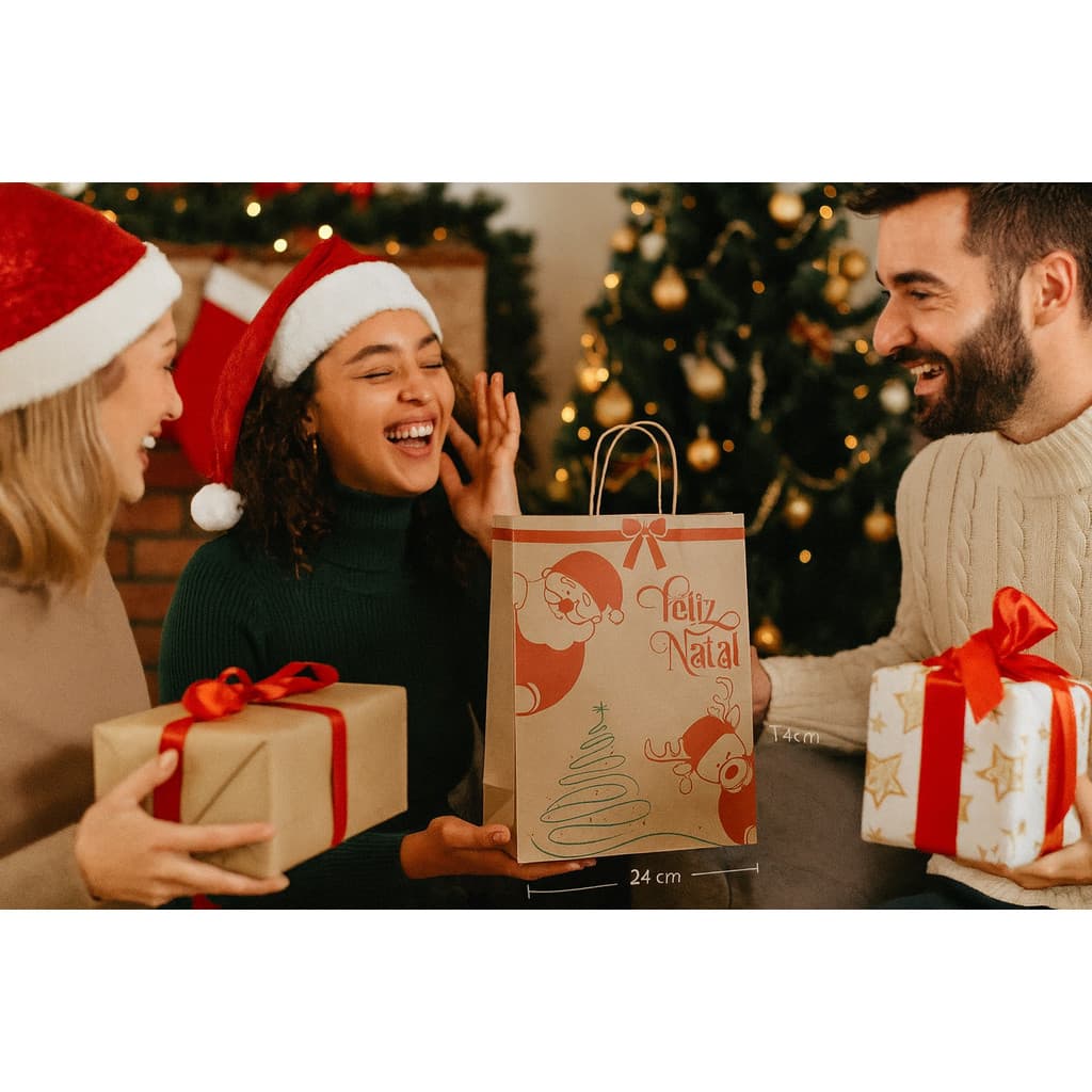 Sacola Papel Kraft Parda Natal tamanho M 34x25 Embalagem Presente