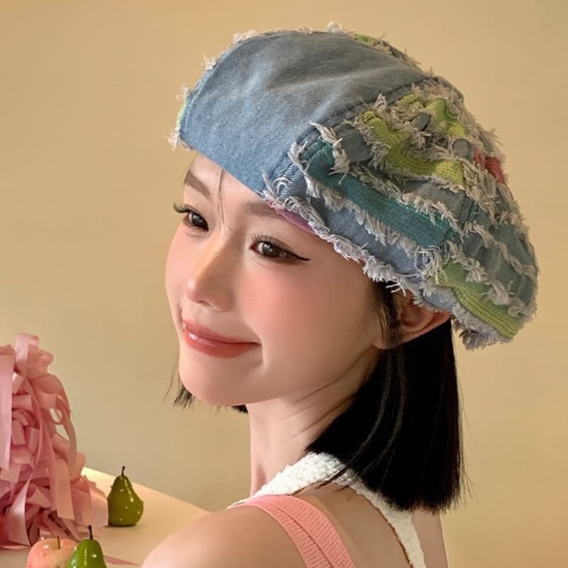 Boina Feminina de Denim Lavado, Versão Coreana, Azul, com Detalhes em Patchwork Estilo Cowboy, para Mulheres e Meninas,