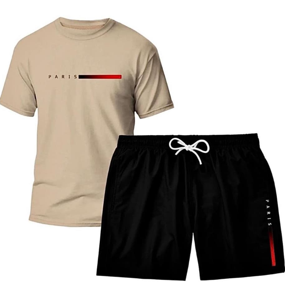 Kit Camiseta 100% algodão Masculina + Short Tactel Paris Malha Premium Lançamento Esporte Verão