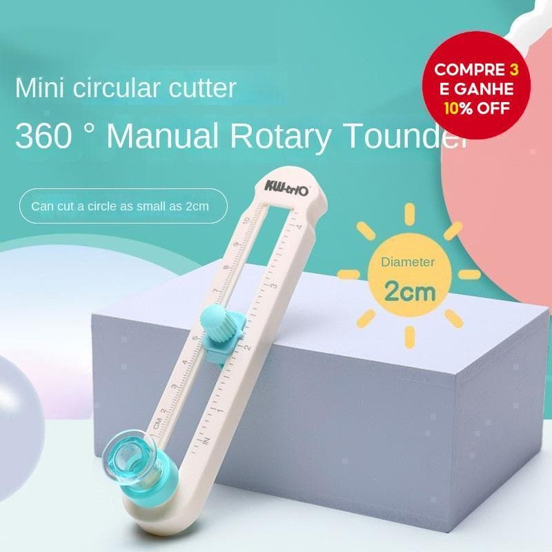 Compasso rotativo manual de 360 graus, diâmetro mínimo de 2 cm, ferramenta de corte e arredondamento.
