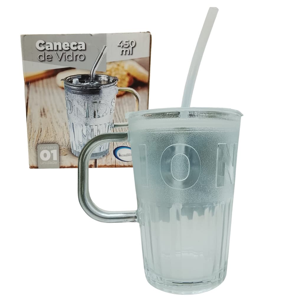 Caneca de Vidro Transparente Com Alça e Canudo - 450ml