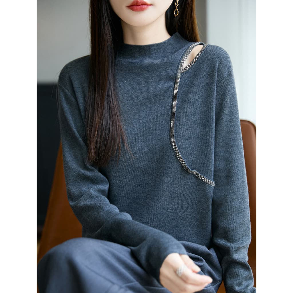 Outono inverno novo estilo meia gola alta camisa de fundo feminino solto interior sem alças diamante meados de pescoço c