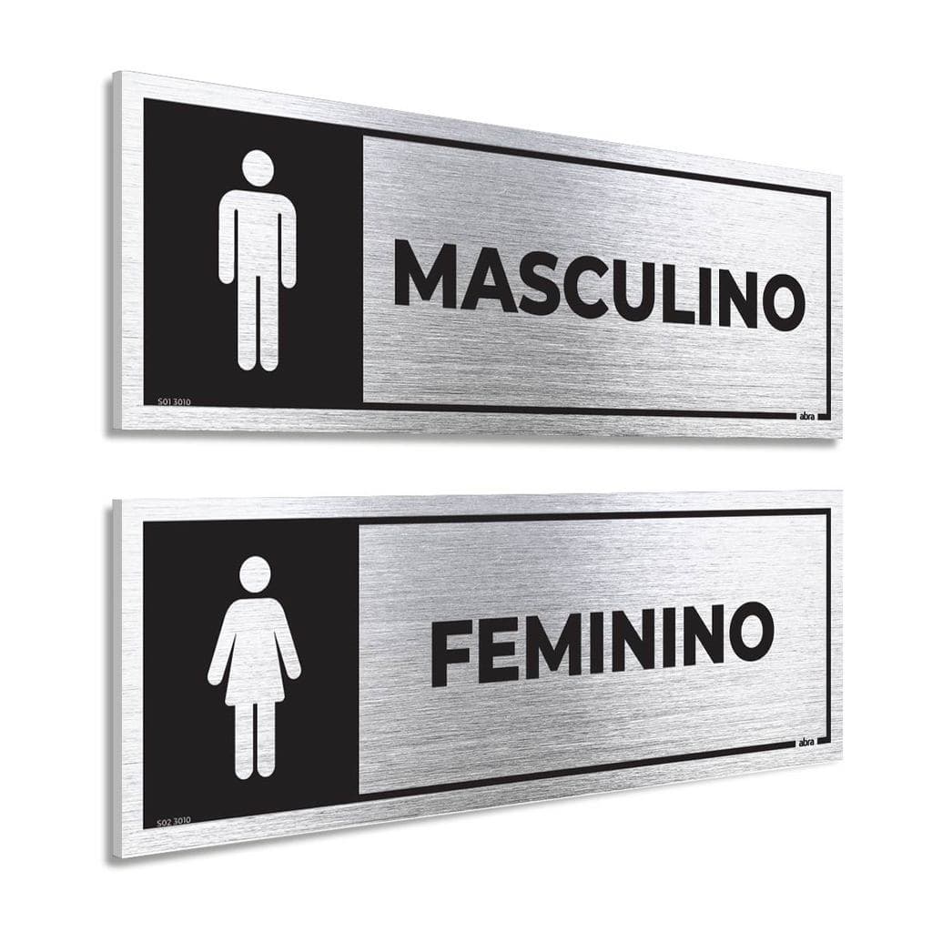 Placas Sinalização Banheiro Masculino e Feminino Aço Escovado 30x10cm