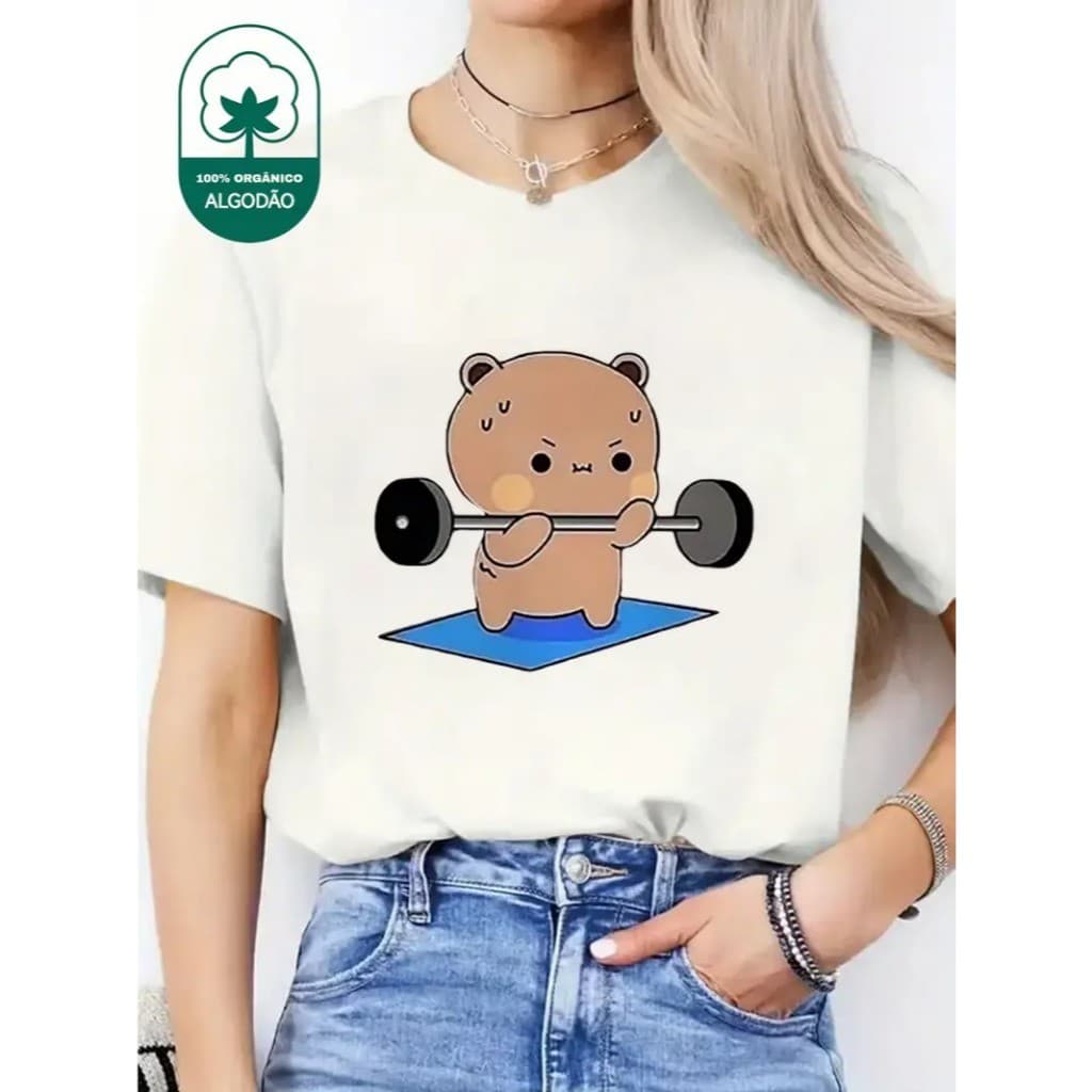 Camiseta Feminina em 100% Algodão T-shirt Urso Academia