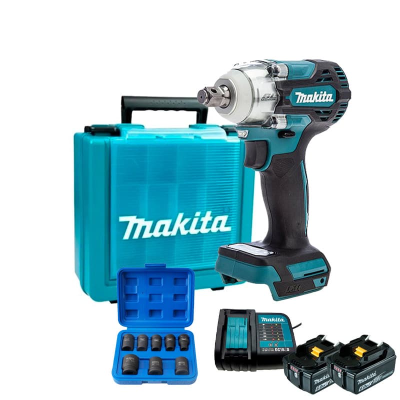 Chave de Impacto 1/2" Bateria 18V LXT DTW300Z + Kit 2 Baterias 6Ah e Carregador Bivolt + Jogo de Soquete Makita