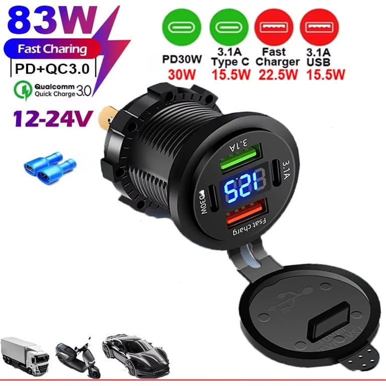 Carregador Rápido De Telefone Para Carro 83W Tomada PD 30W Carregamento 22.5W Dual USB + Type C 4 Portas Adaptador De En