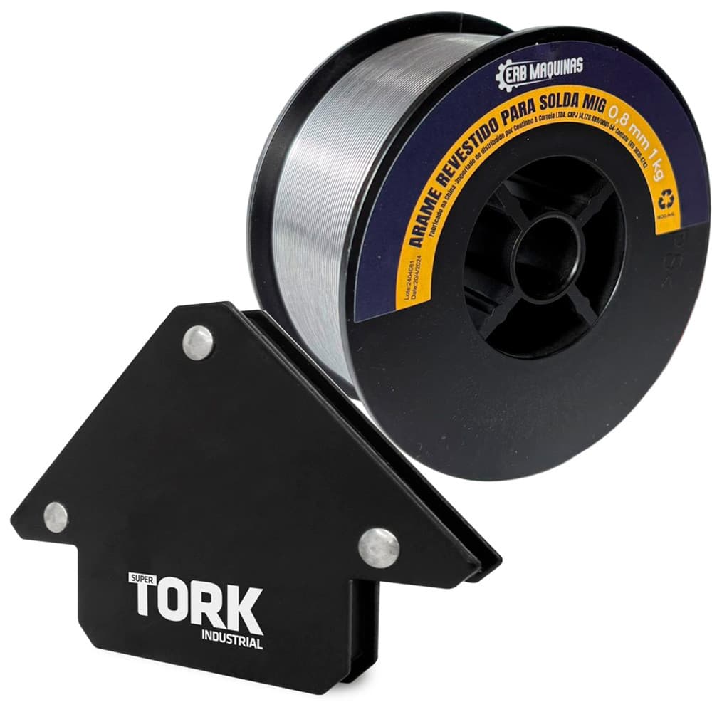 Kit Solda 1 Arame Revestido 1kg ERB Máquinas 1 Esquadro Magnético Super Tork Suporta 12kg