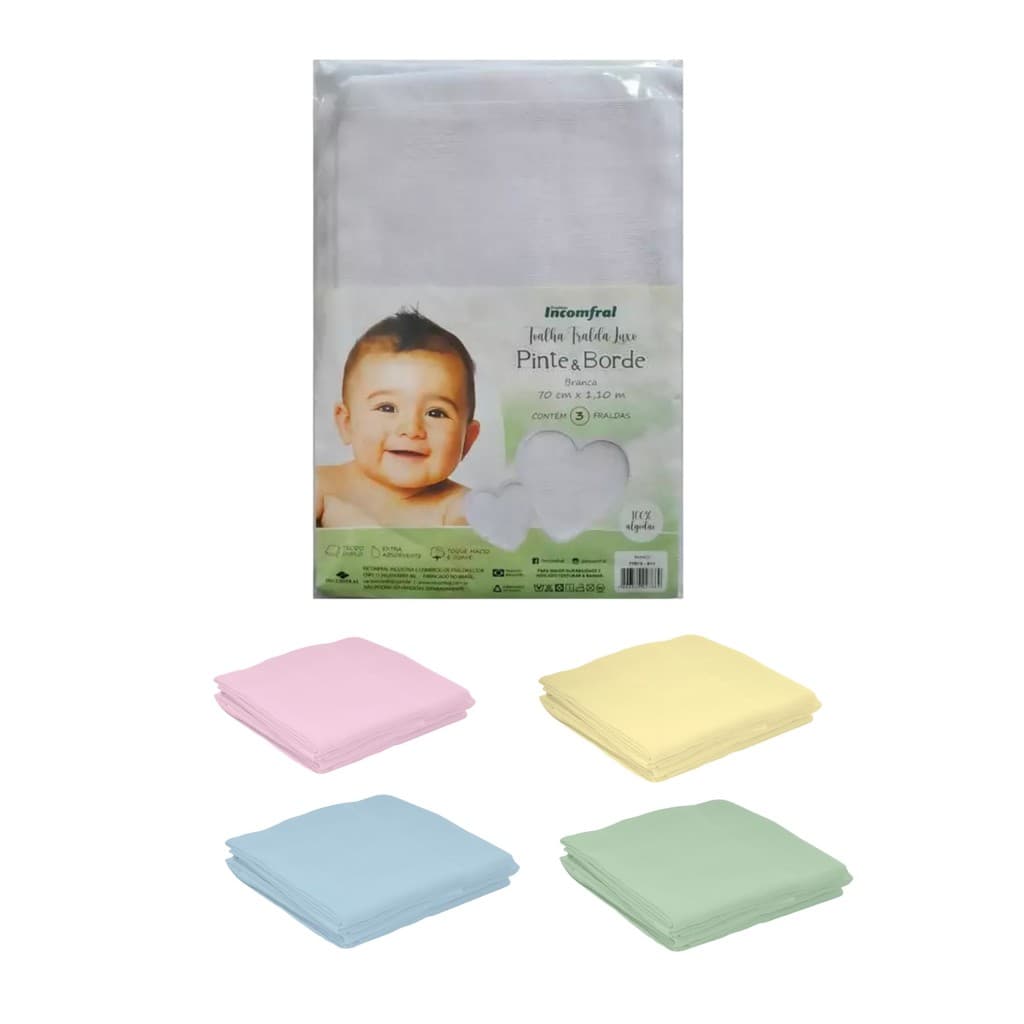 Toalha Fralda Luxo Pinte e Borde Branca 3 Unidades 70Cm x 110Cm Incomfral