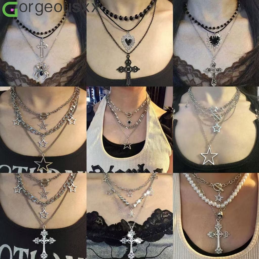 [Gorgeousxx] Y2K Punk Cross Pentagrama Pingente Contas Pretas Colares Em Camadas Para Mulheres Joias Legal