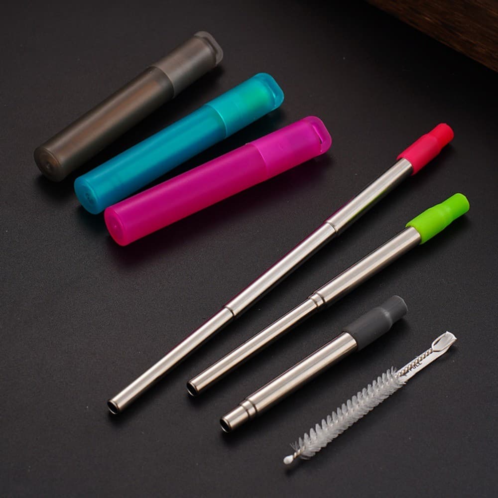 Canudo Telescópico Multicolorido De Aço Inoxidável , Ecológico , Reutilizável , Portátil , Com Bocal De Silicone E Estoj