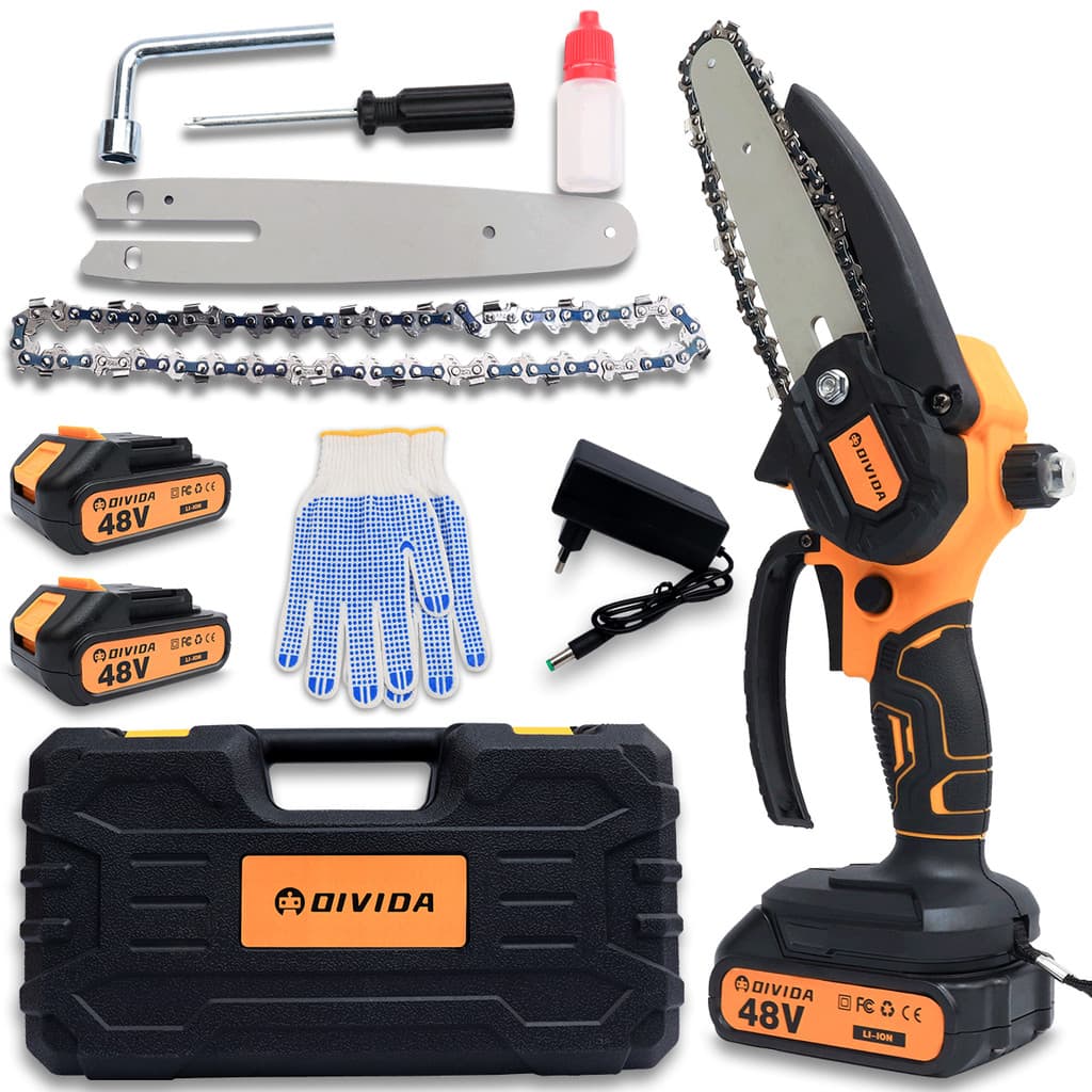 Mini Motosserra 48V com 2 Baterias – Serra Elétrica Portátil com Maleta, Correntes e Acessórios