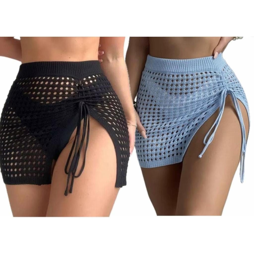 Kit 2 Saídas de Praia Saia Tricô Crochê Com Cordão Lateral Feminina Moda Verão