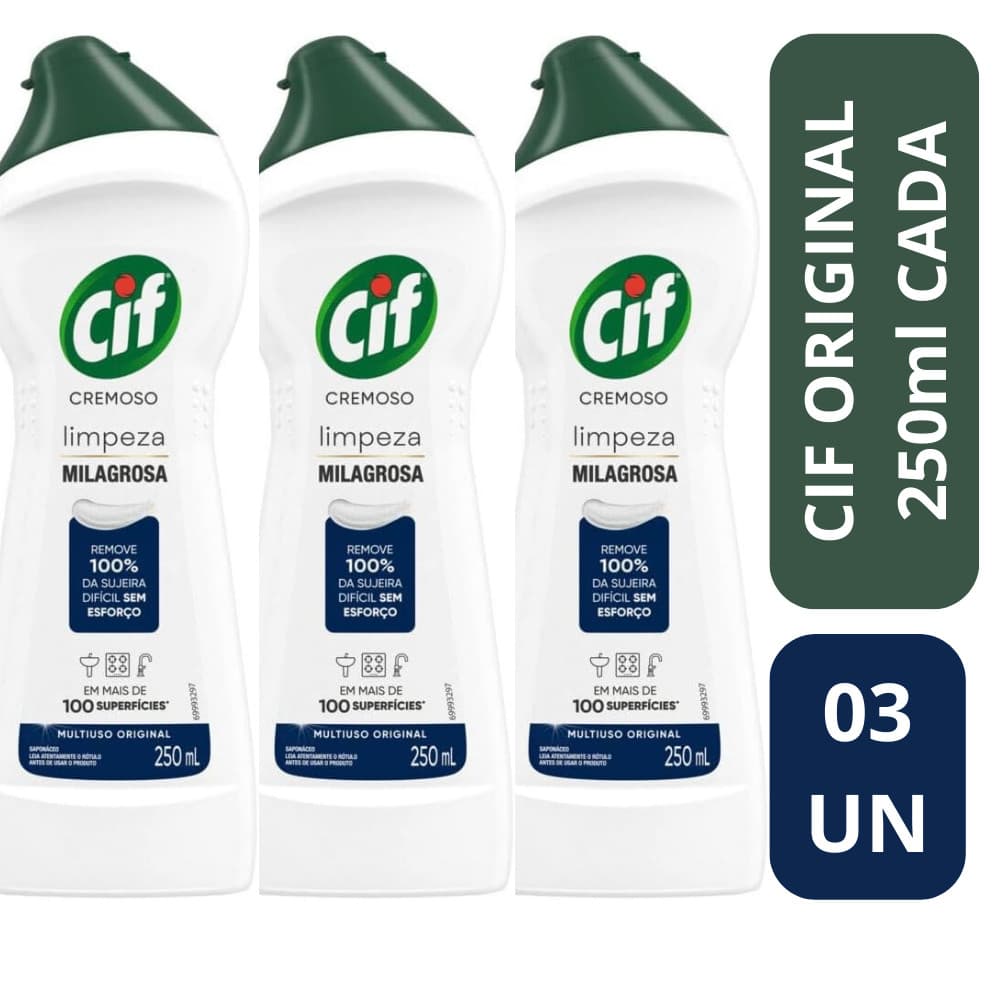 Kit com 3 Cif Cremoso 250ml, ação poderosa para remover gordura e sujeiras difíceis com brilho imediato.