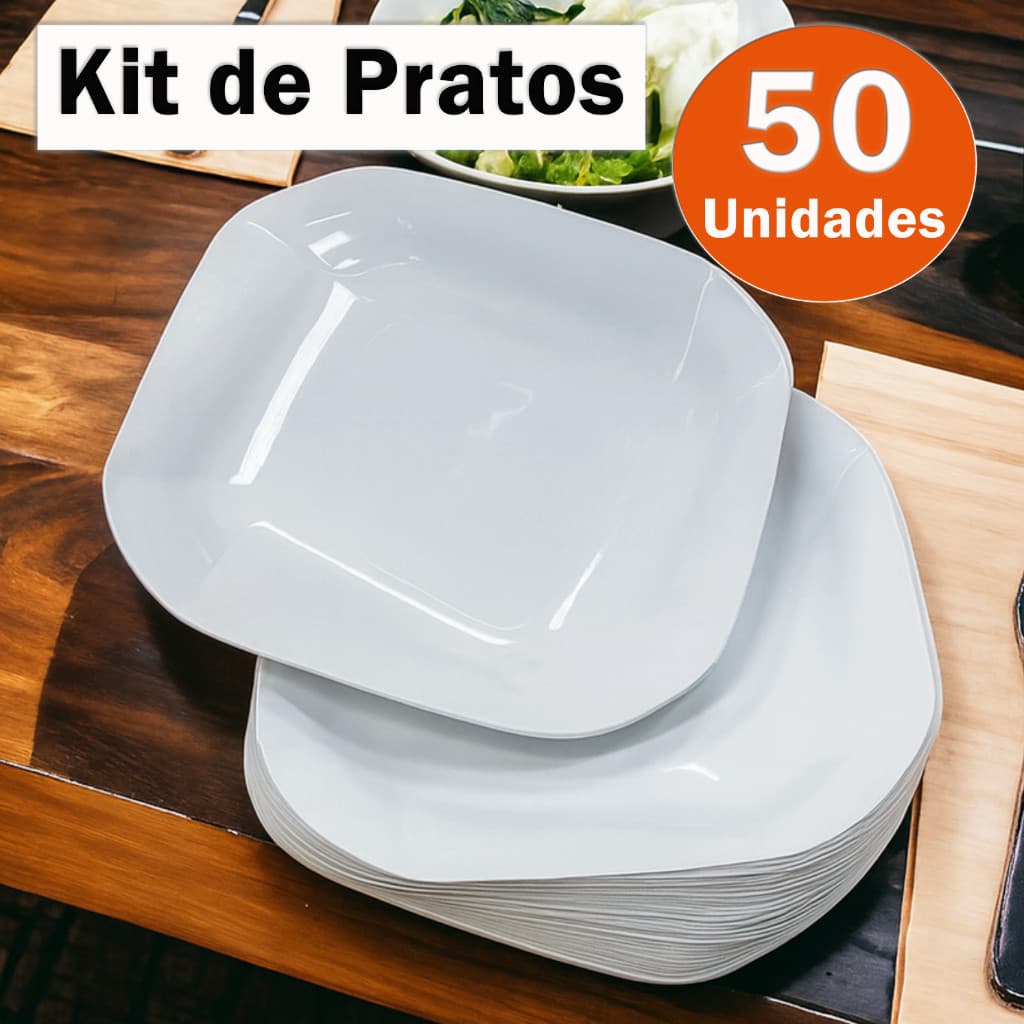 Kit 50 Pratos Liso Quadrado de Plástico Resistente Durável com Detalhes em Espiral