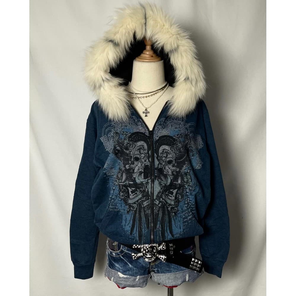 Americano Vintage Rock Gráfico Gola De Pele Solto Zíper Moletom Y2K Harajuku Punk Casual Hoodie Streetwear