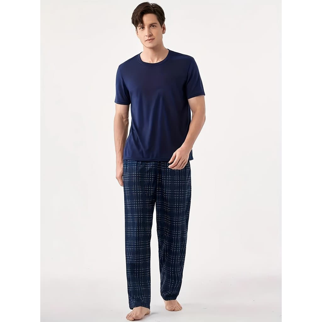 Calça xadrez masculina azul marinho de manga curta, gola redonda, pulôver, pijama, roupa de dormir