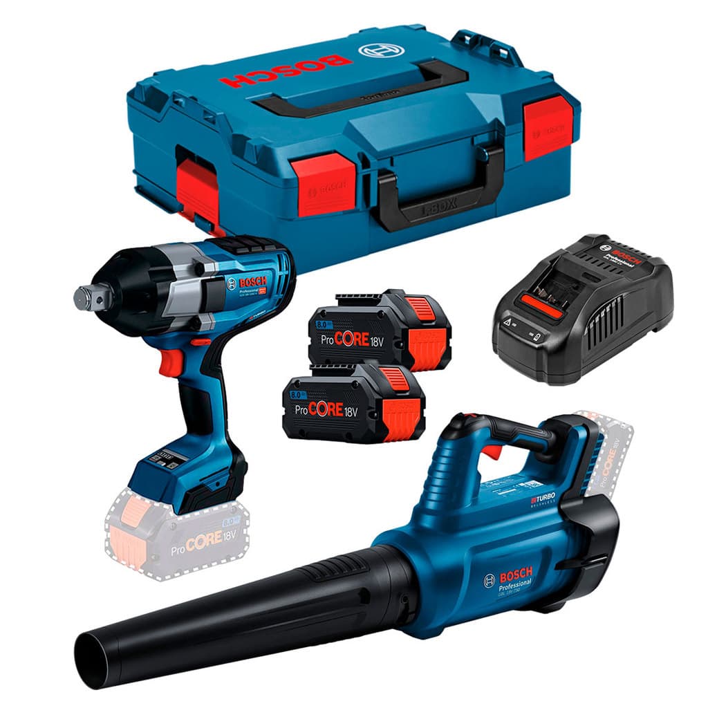Soprador de Folhas GBL18V-750 + Chave Impacto 3/4" GDS18V-1050H + Carregador + 2 Baterias ProCore 18V 8Ah Bosch
