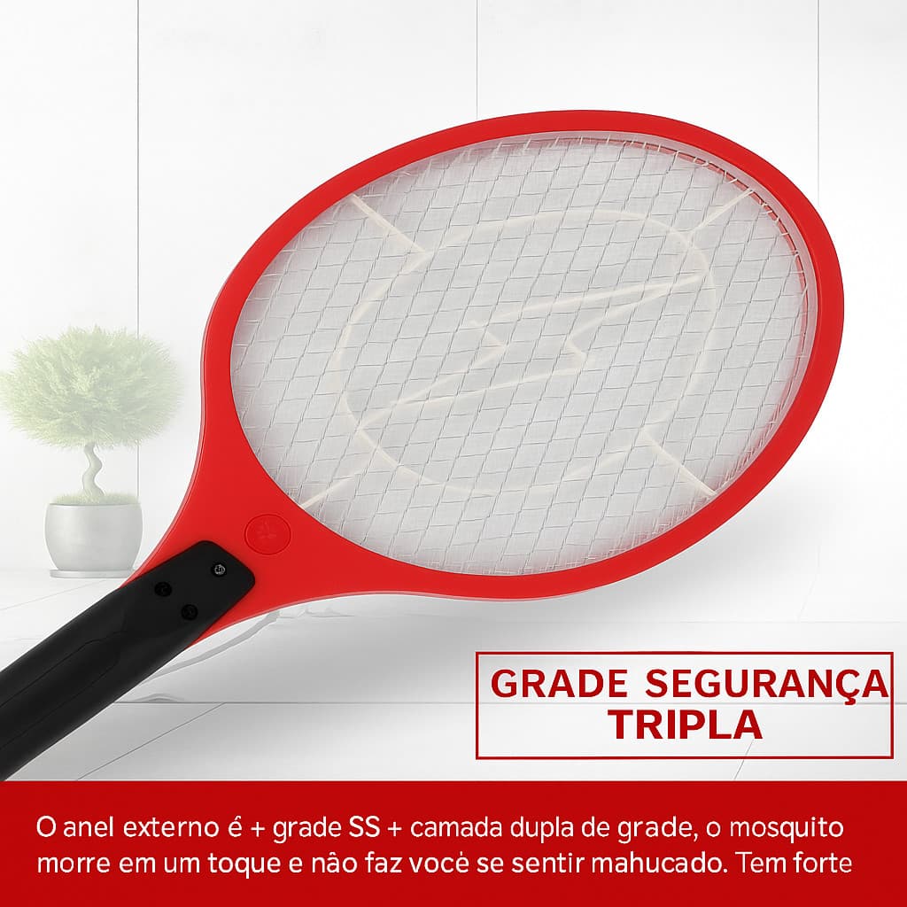 Raquete Elétrica Mata Mosquitos Recarregável Bivolt 110V/220V –Choque Instantâneo e Tela de Proteção