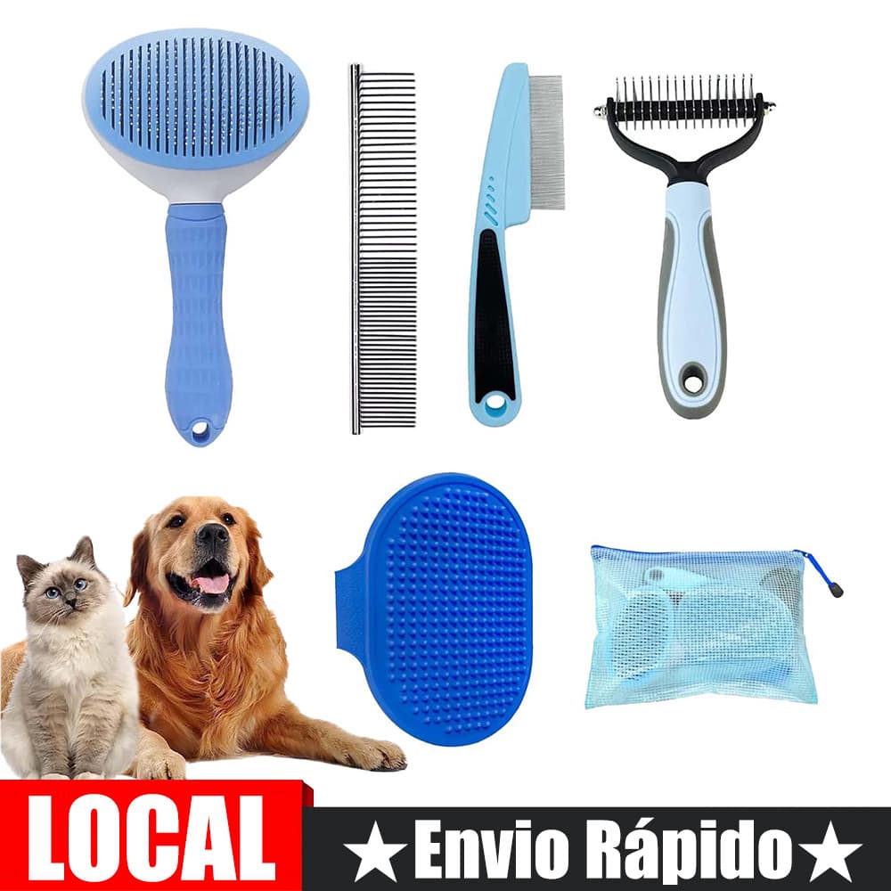 Conjunto de 5 escovas para animais de estimação  com bolsa de armazenamento azul com fecho em malha