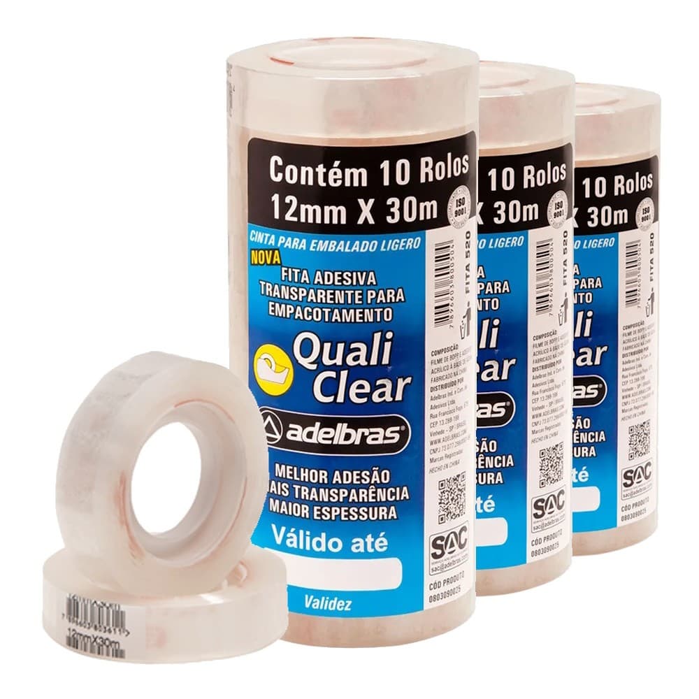 Kit Com 30 Fitas Adesivas Pequena Transparente 12mm x 30m Multiuso Quali Clear Adelbras