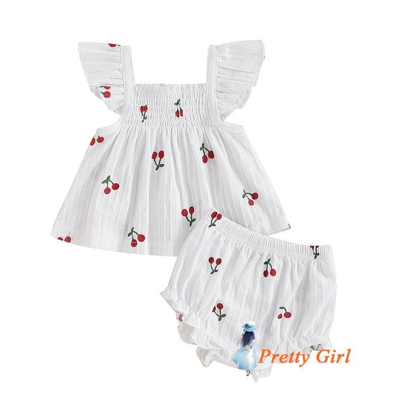 Mellifluous-Conjunto De Shorts Para Bebês Meninas Com Estampa De Cereja , Manga Voadora , Babydoll , Tops , Cintura Elás