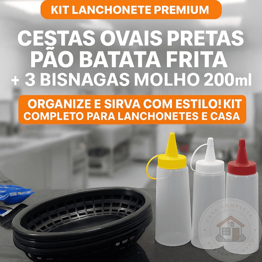 Kit Lanchonete Premium Cestas Ovais Pretas Pão Batata Frita + 3 Bisnagas Molho 200ml
