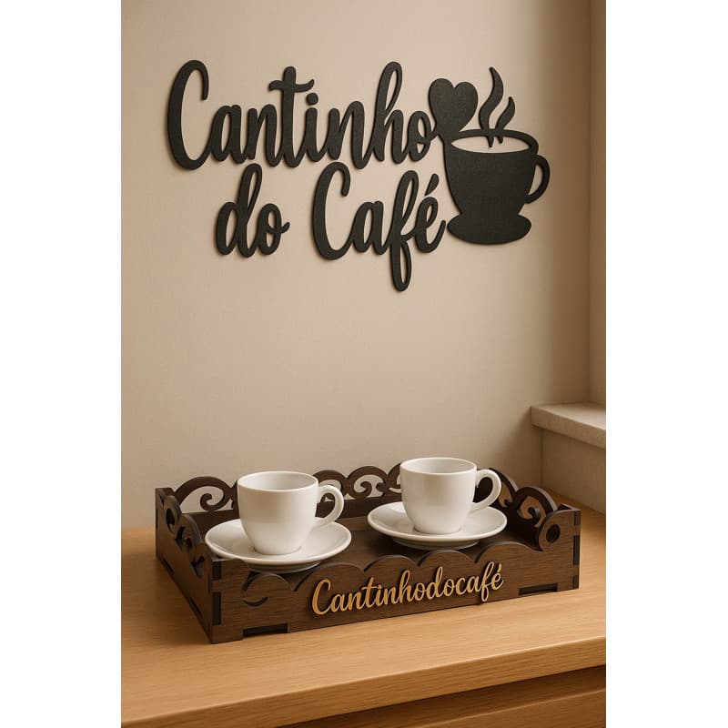 Kit Cantinho do Café MDF com Bandeja Decorativa +  Placa Parede Decoração Elegante