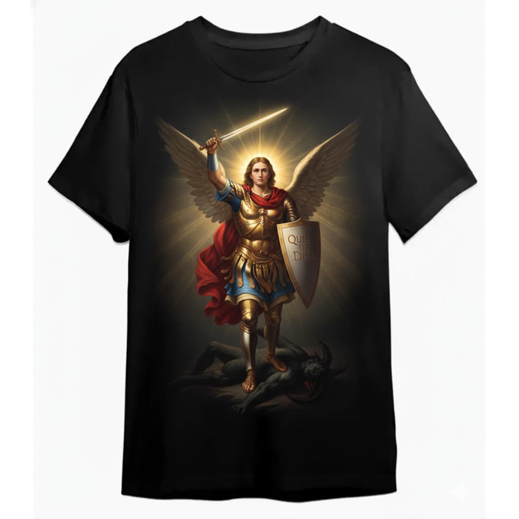 Camiseta Masculina Retrô Casual Em Puro Algodão Com Estampa Do Arcanjo Miguel Pisando Em Um Diabo