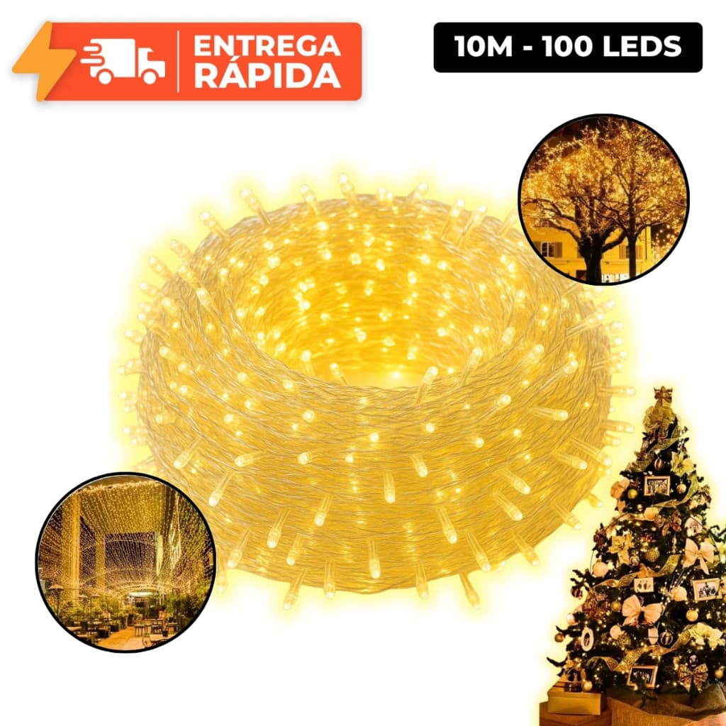 Pisca Pisca 100 LEDs 10m 8 Funções Natal Fio Transparente Verde Branco Quente 127V Cordão Janela Arvore