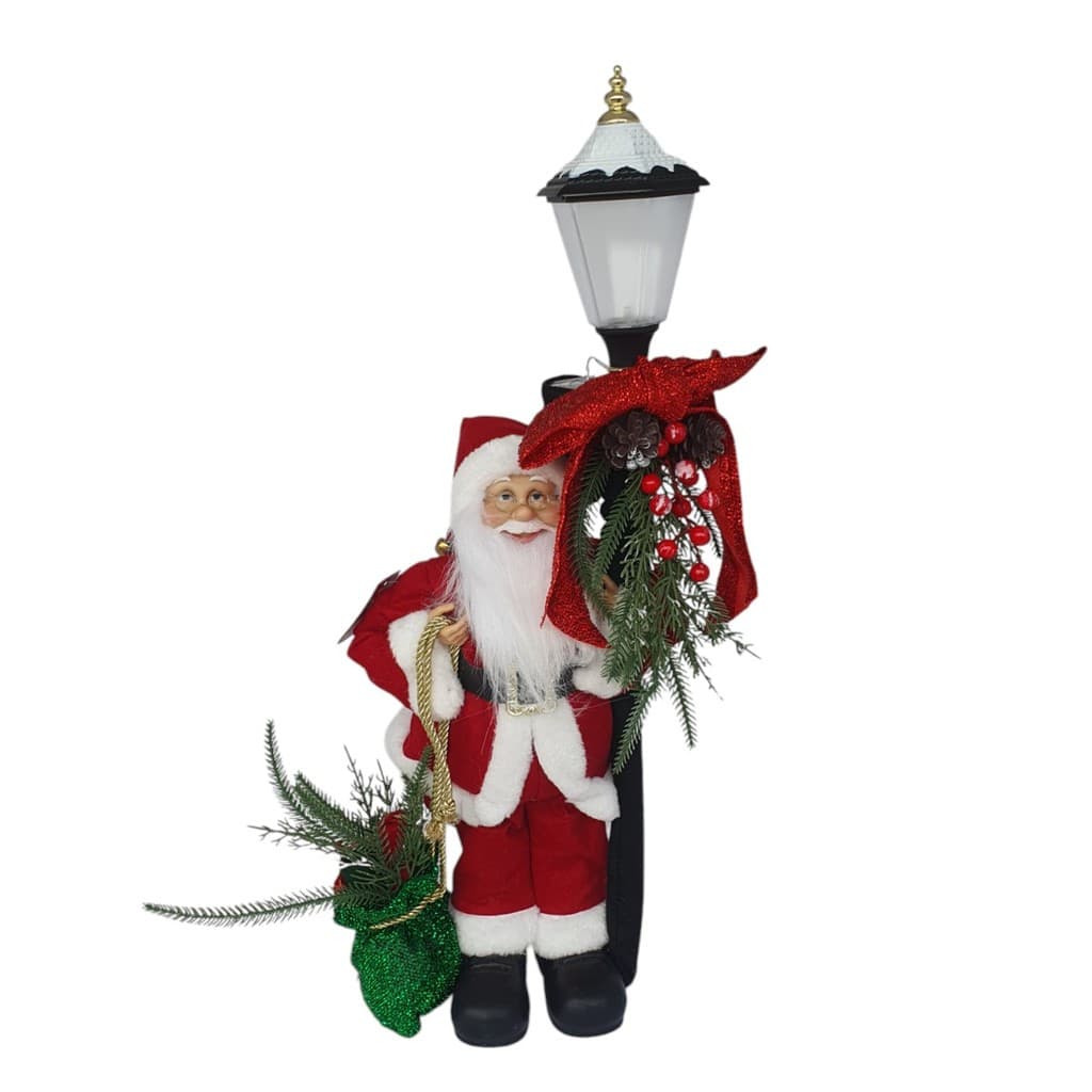 Papai Noel com Saco de Presentes e Poste Decorado com Azevinhos e Laço Decoração De Natal/Enfeite Natalino