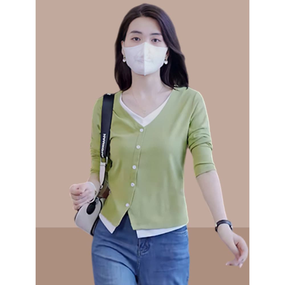 2026 primavera outono novo estilo feminino camiseta de manga comprida falso de duas peças curto pequeno topo feminino ve