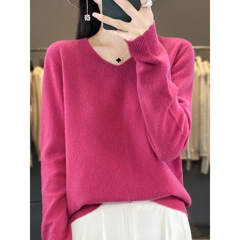 Outono inverno novo estilo com decote em v camisola feminina solta malha interna mais magro olhar elegante camisa de fun