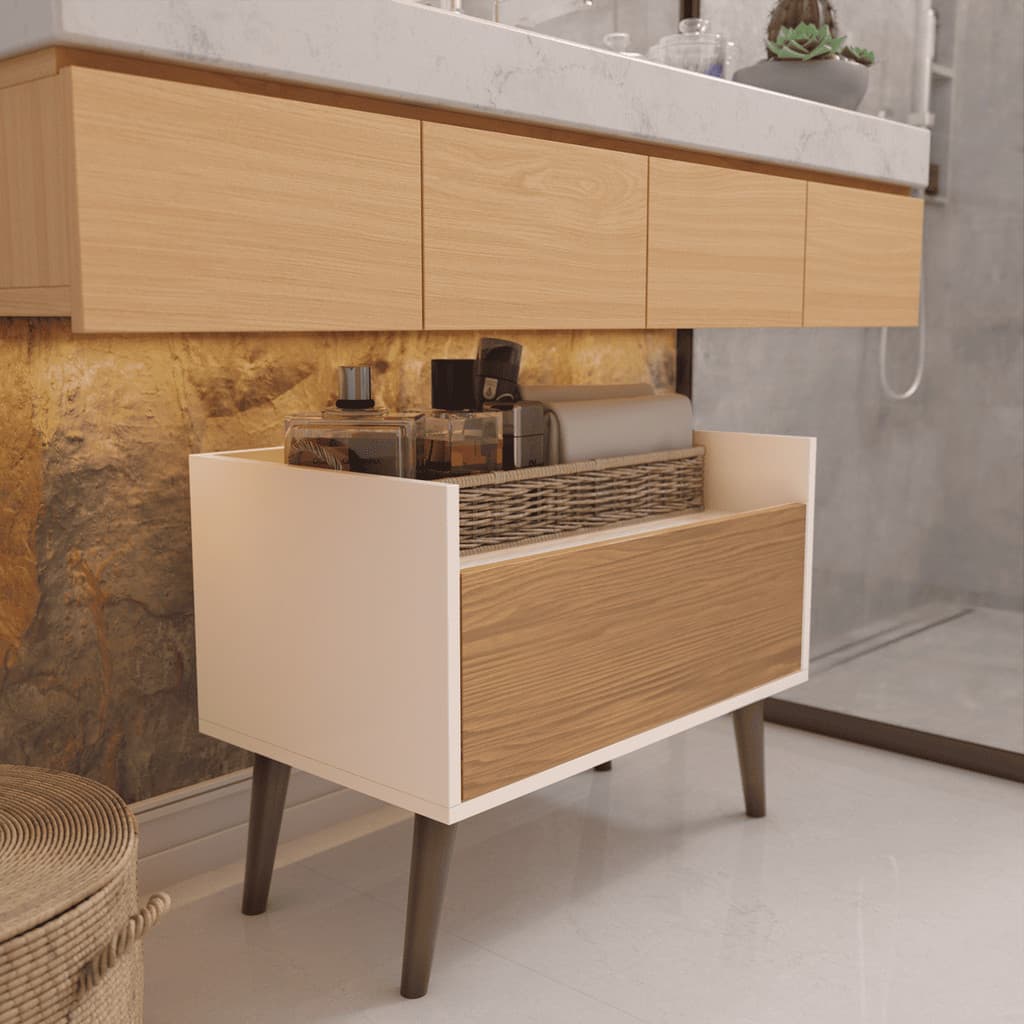 Gabinete Armário de apoio para Banheiro Grécia com Porta e Nicho - Off white/Freijó