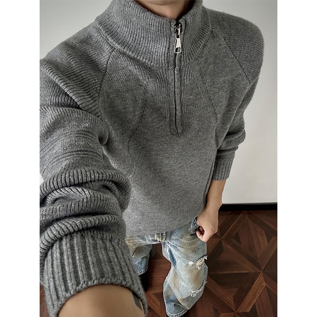 Cleanfit americano meio zíper suéter masculino inverno Street Wear pesado quente confortável malha interna masculina
