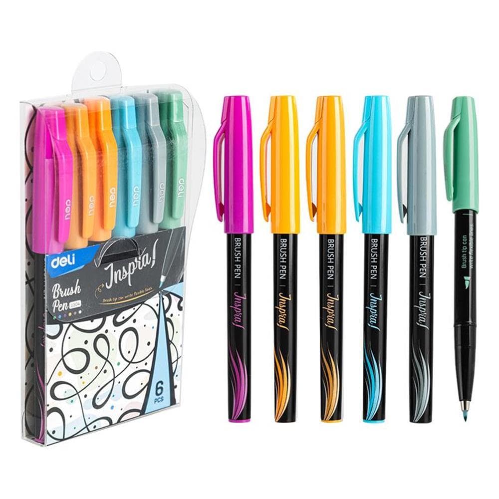 Caneta brush pen para lettering 6 cores colorida ponta pincel fina 0,4 mm