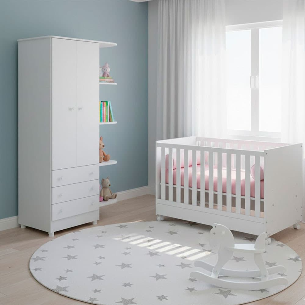 Quarto de Bebe Infantil Doce Sonho Berço Mini Cama e Guarda Roupas Multiuso Qmovi