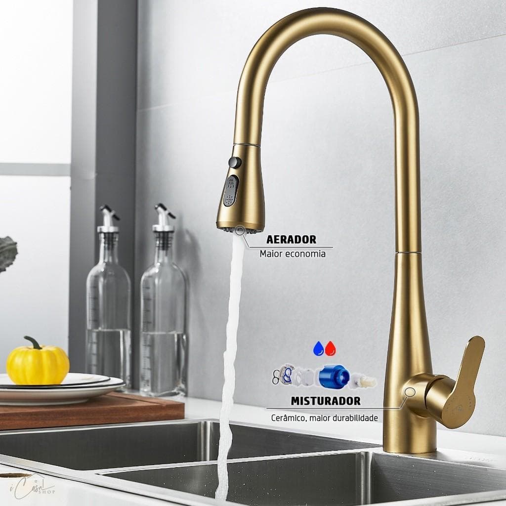 HKX Torneira de Bancada Gourmet Extensível Monocomando Dourada e Cromado Escovada Inox 304 com Mangueira Trama HKX