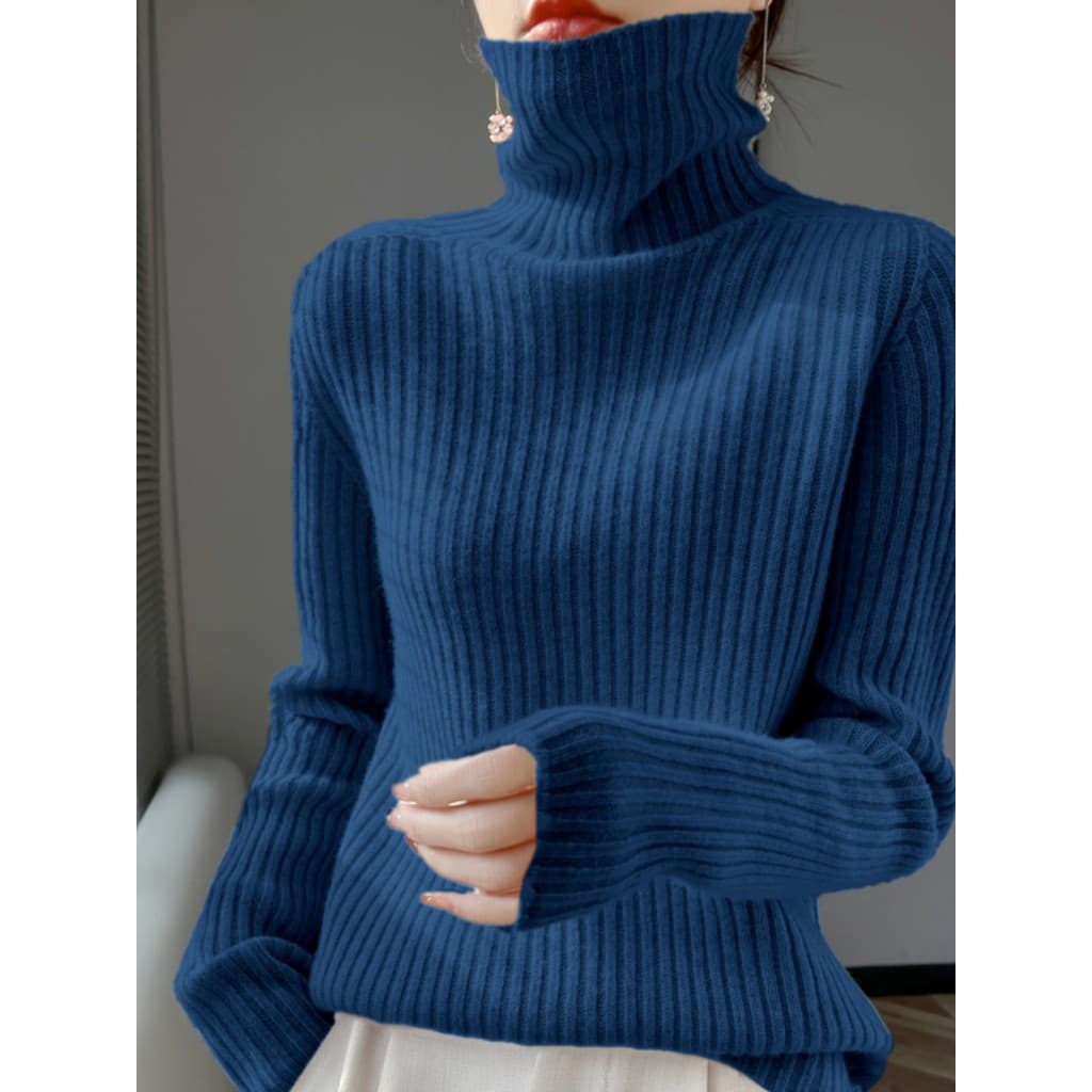 Jogo casaco gola alta camisola feminina outono inverno engrossado solto camisola de malha High-End novo estilo gola pilh