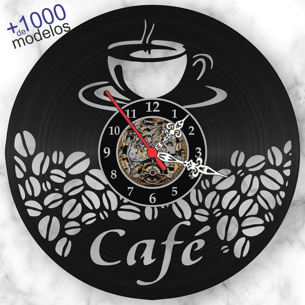 Relógio de Parede de Cozinha - Café Grãos e Xícara Disco Vinil Lp iLustrado Decoração Retrô