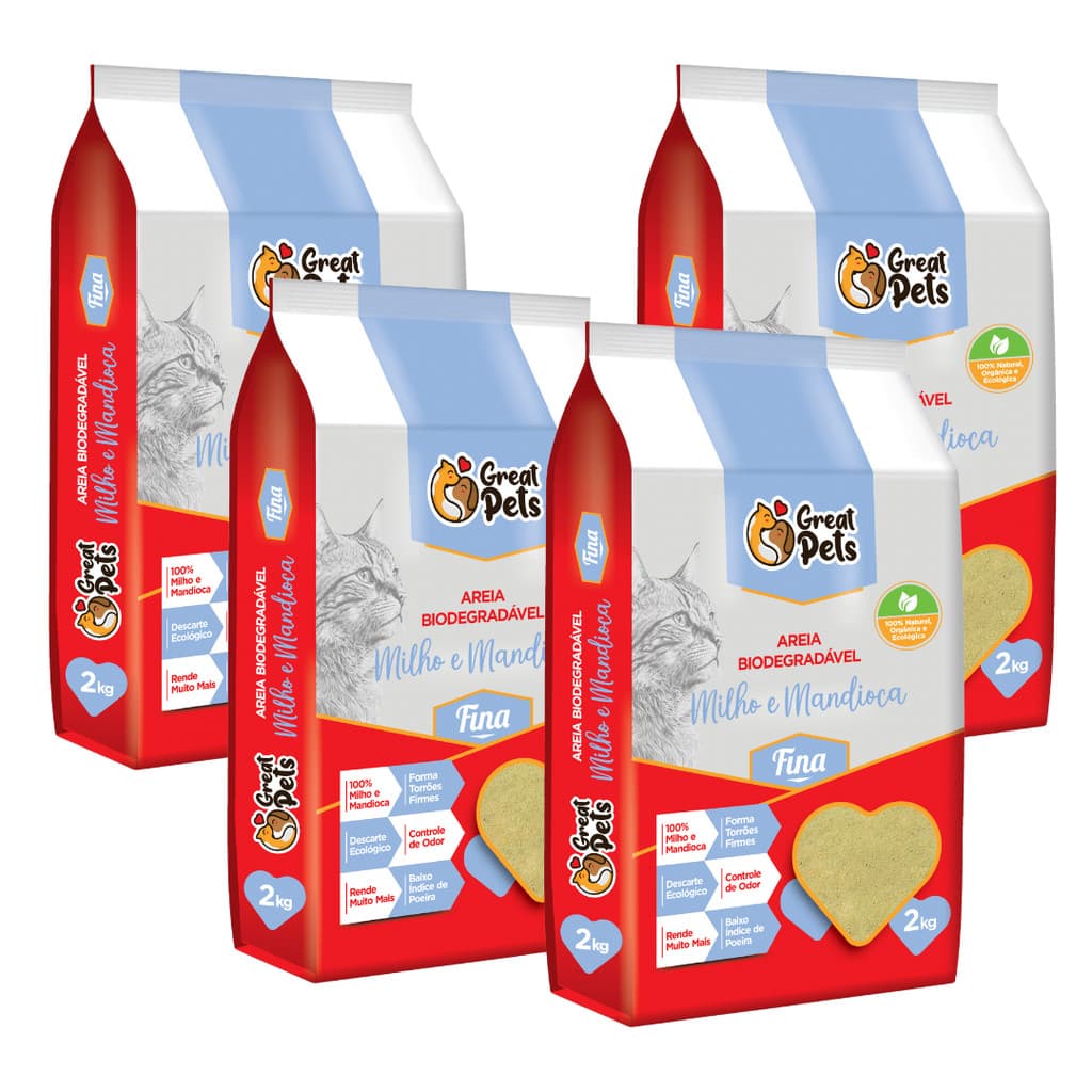 Kit 4und Areia Biodegradável De Milho E Mandioca Fina Great Pets 2kg