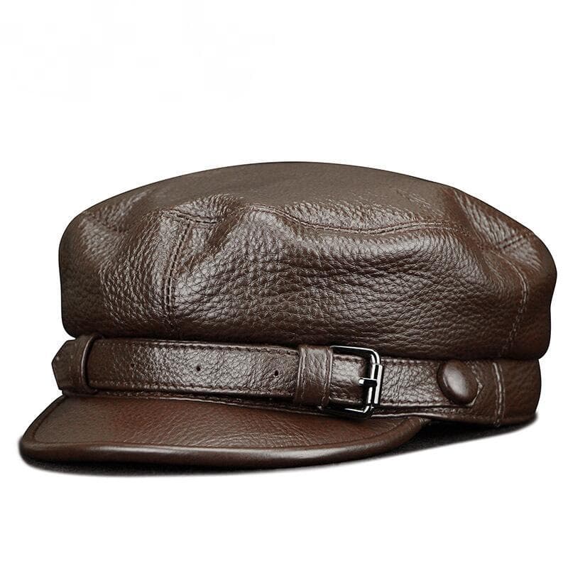 Chapéu Militar de Couro Genuíno para Mulheres e Homens, Boné Newsboy de Couro Legítimo, Boina Feminina Preta e Marrom, B