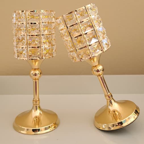 Castiçal Porta Velas de Metal e cristal 27cm dourado candelabro p/ Jantar Sala Casamento
