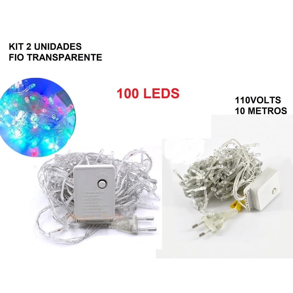 Kit 2 Caixa 100 Leds Pisca Pisca Fio Transparente 10 Metros 110V Natalino Decorativo Multicolorido